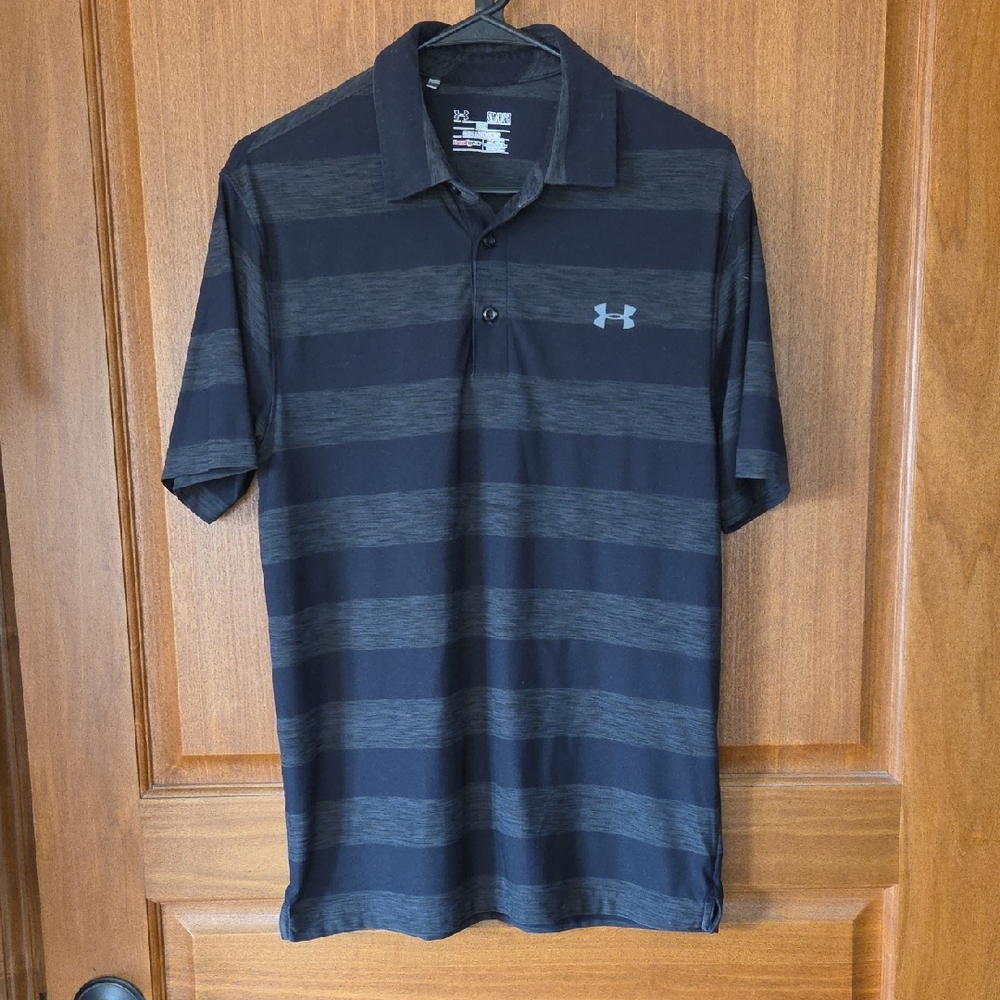 Under Armour Men's Black & Charcoal Striped Polo Size Small Golf Athliesure